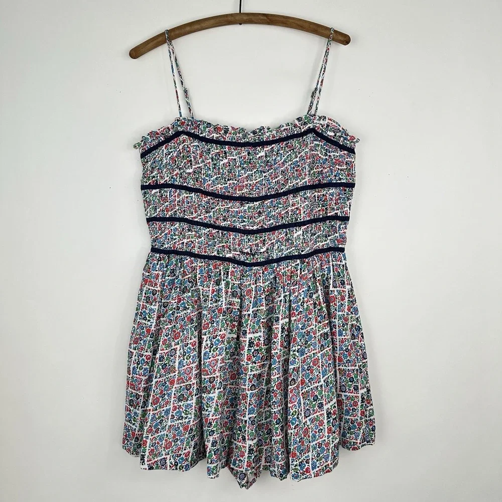 Free People NWT Bali Checked Out Gardenia Floral Romper LARGE‎ Smocked Pockets